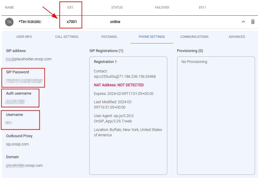 Acreditări de utilizator OnSIP cu nume de utilizator, nume de utilizator de autentificare, parolă SIP și extensie evidențiat.