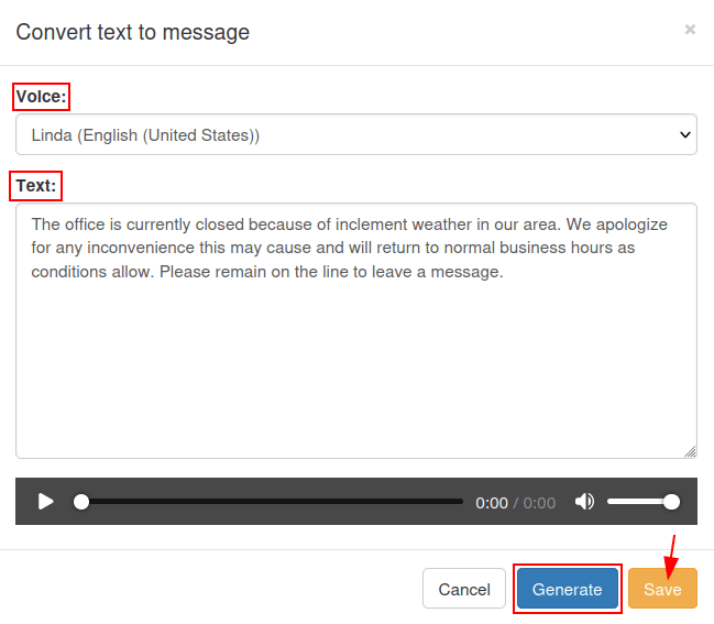 Convertiți text în fereastră de mesaj cu voce, text, buton de generare și salvați evidențiat.