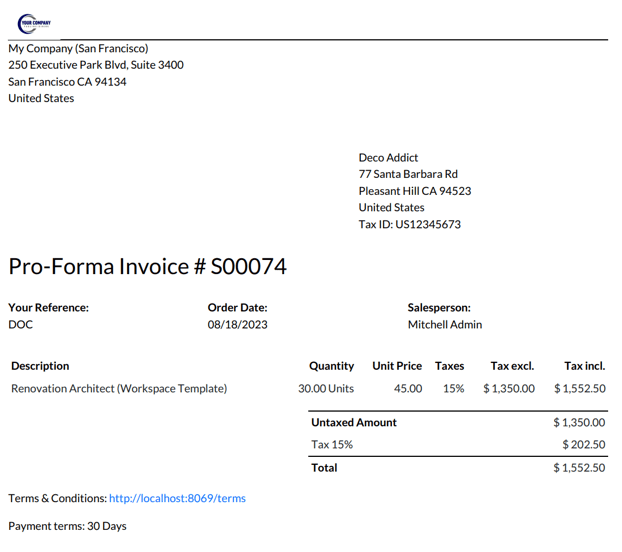 Exemplu de factură PDF pro-forma de la Odoo Sales.