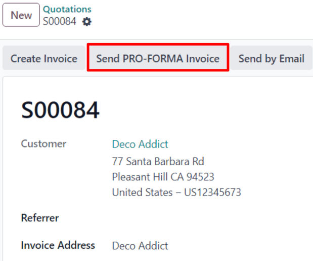 Butonul Trimitere factură Pro-Forma pe o comandă de vânzare tipică în Odoo Sales.