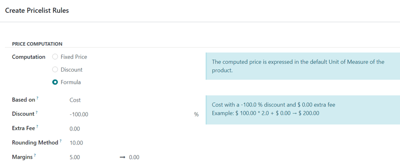 Cum arată să formulezi un cost de markup cu o marjă minimă de 5 dolari în Odoo Sales.