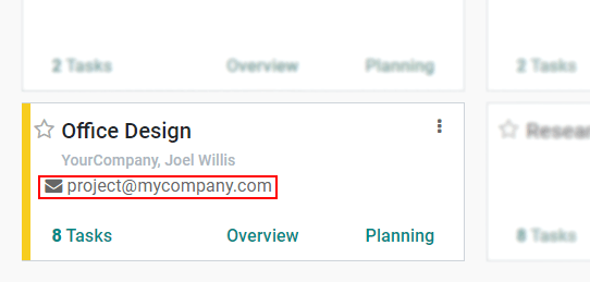 Vizualizare a aliasului de e-mail ales pe vizualizarea tabloului de bord în Odoo Proiect