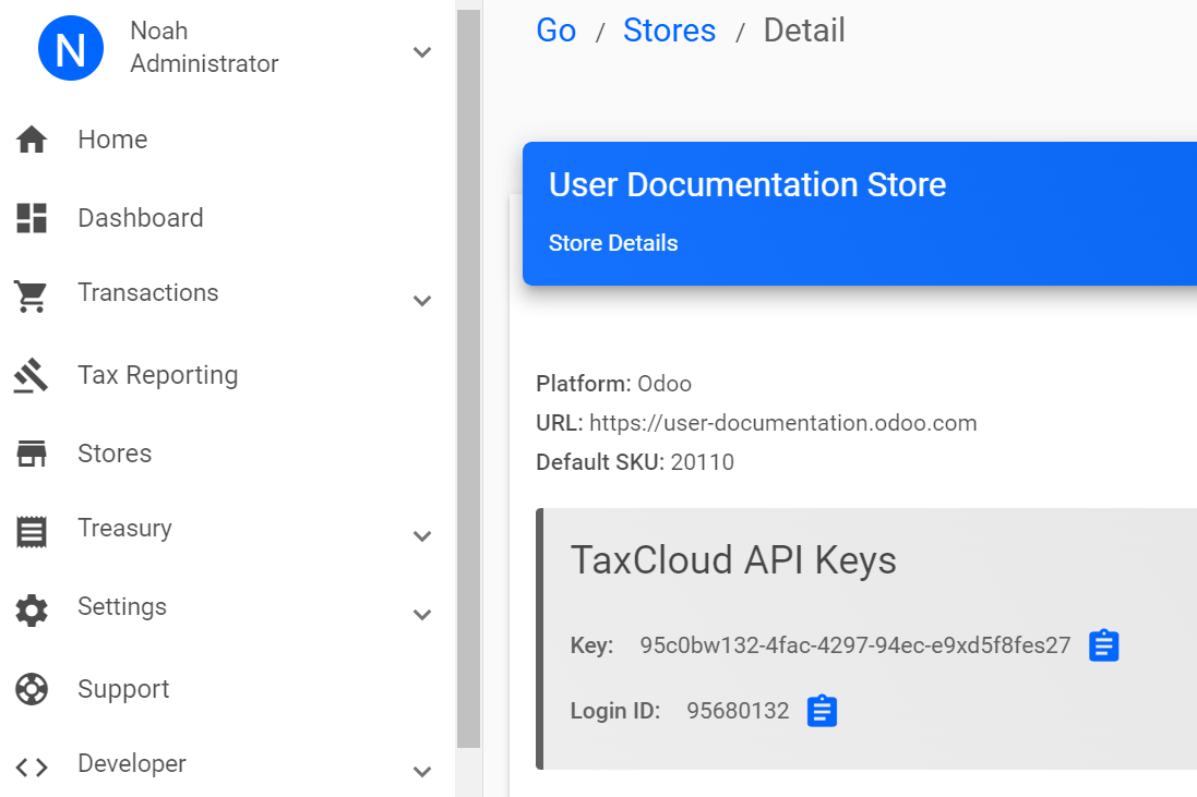 Exempel på en butiks TaxCloud API-nycklar