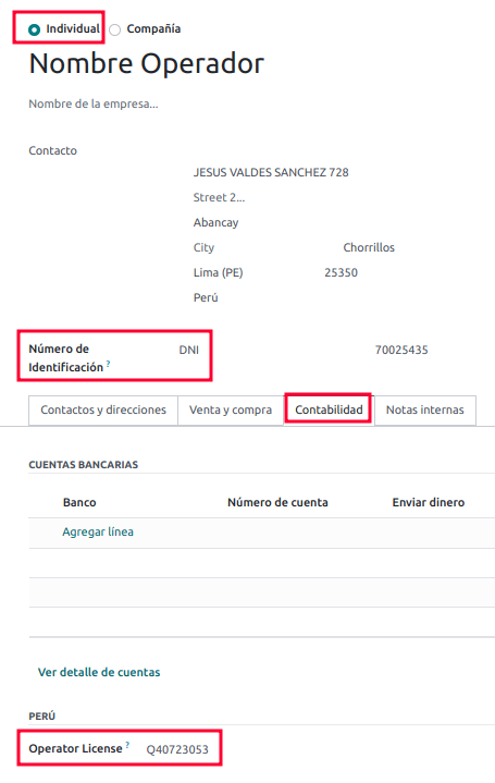 Individuell typ av operatörskonfigurationer i kontaktformuläret.