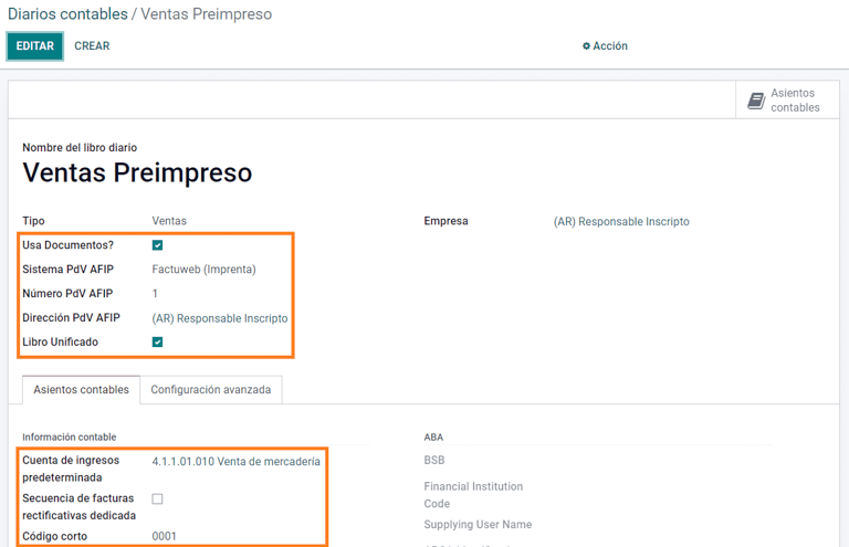 Ett AFIP POS System-fält som är tillgängligt på försäljningsjournaler i Odoo.