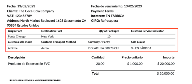 PDF-rapportsektion för den elektroniska PDF-rapporten Export av varor.