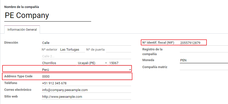 Företagsdata för Peru inklusive RUC och adresstypkod