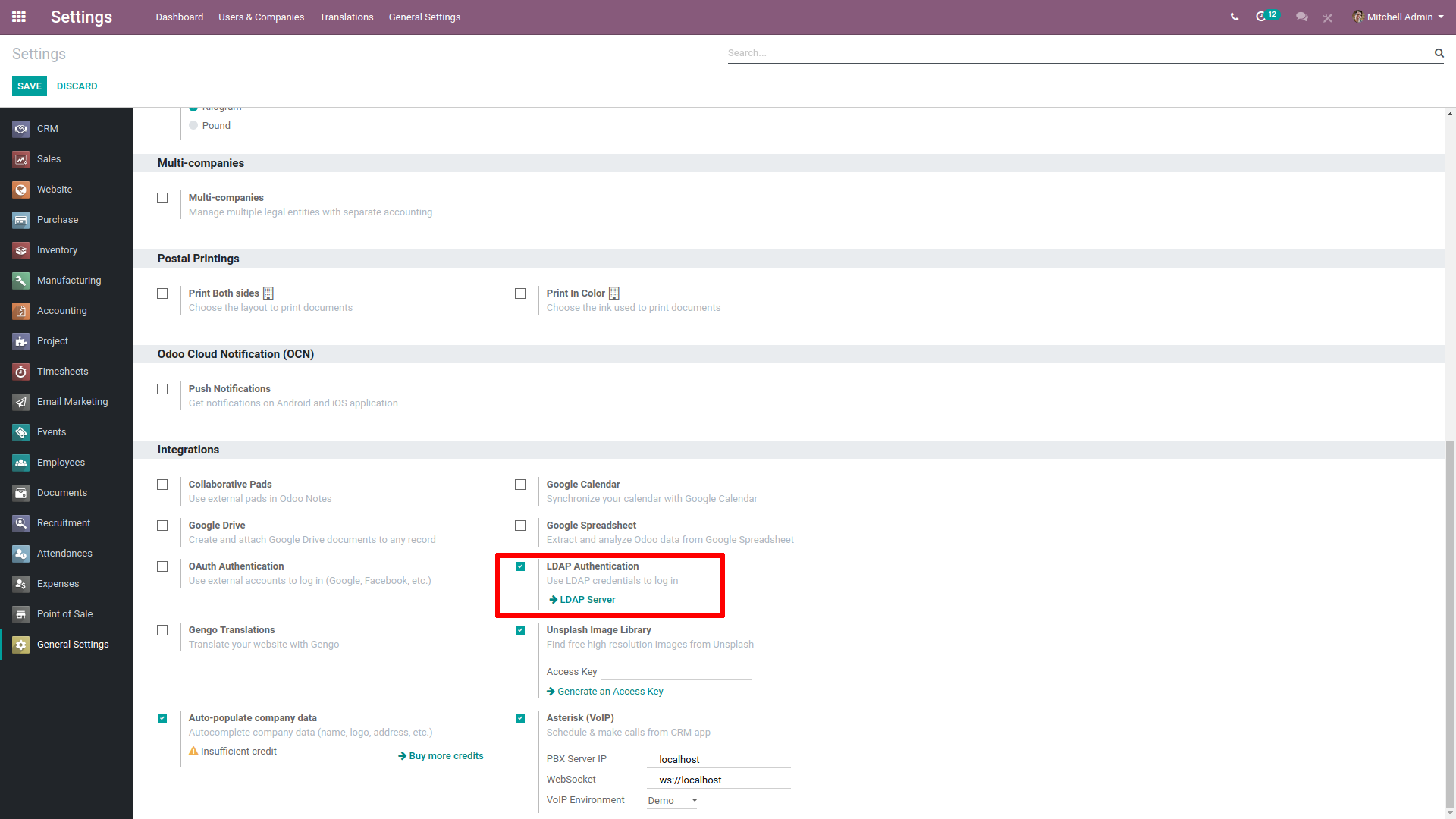 Kryssrutan LDAP Authentication markerad i integrationsinställningarna på Odoo.