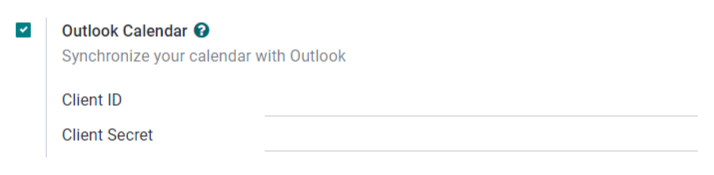 Inställningen "Outlook-kalender" aktiverad i Odoo.