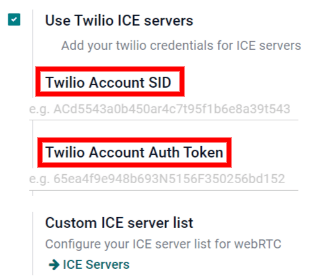 Aktivera alternativet "Använd Twilio ICE-servrar" i Odoo Allmänna inställningar.