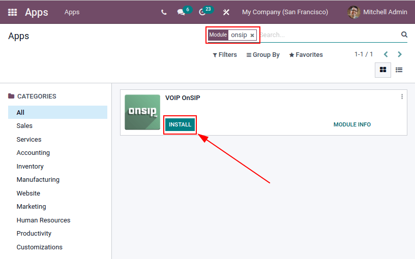 Visa OnSIP-appen i sökresultaten för appar.