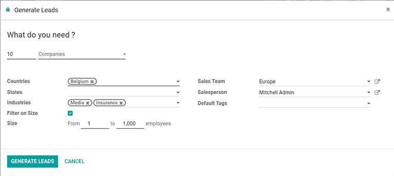 Popup-fönstret med urvalskriterierna för att generera kundämnen i Odoo.