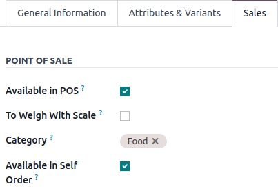 Sales tab of a product form to add a PoS product category