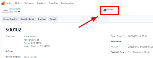En typisk försäljningsorder med en markerad smart knapp för leverans i Odoo Sales.