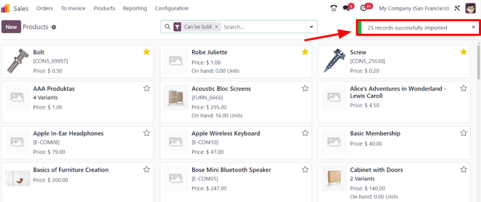 Popup-fönstret som visas efter en lyckad produktimportprocess i Odoo Sales.