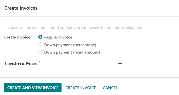 Visa popup-fönstret för att skapa fakturor med fält för tidrapporternas perioder.