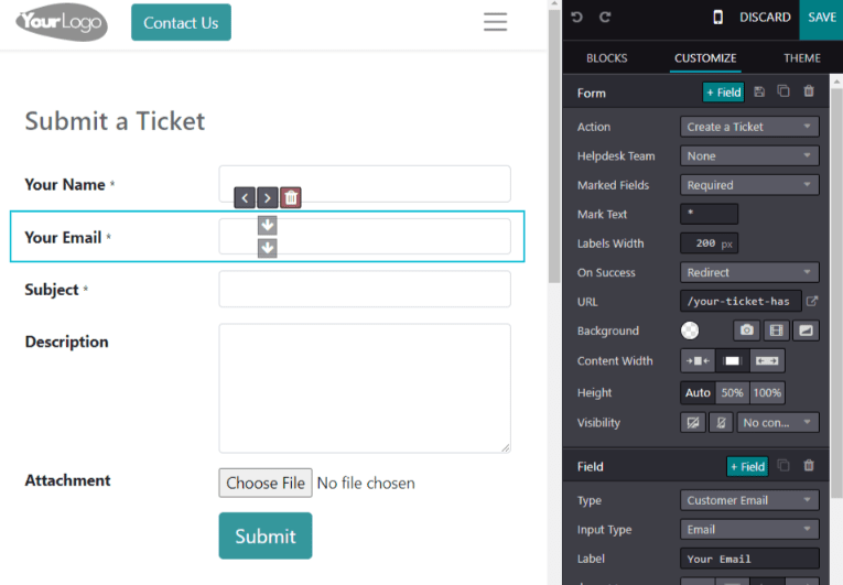 Vy över det opublicerade webbplatsformuläret för att skicka ett ärende till Odoo Helpdesk.