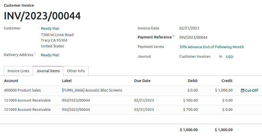 应收账款的借方金额被分为两个日记账项目，它们具有不同的到期日。