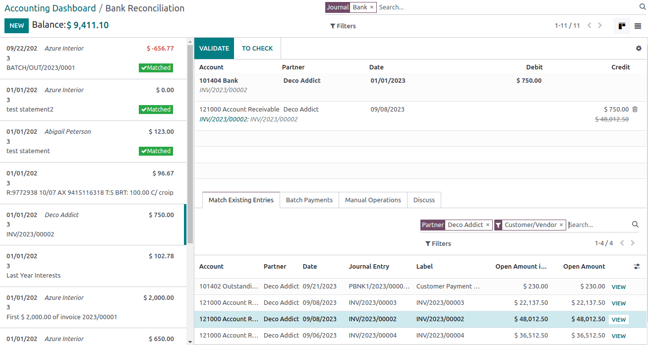 银行日记账对账视图的用户界面。