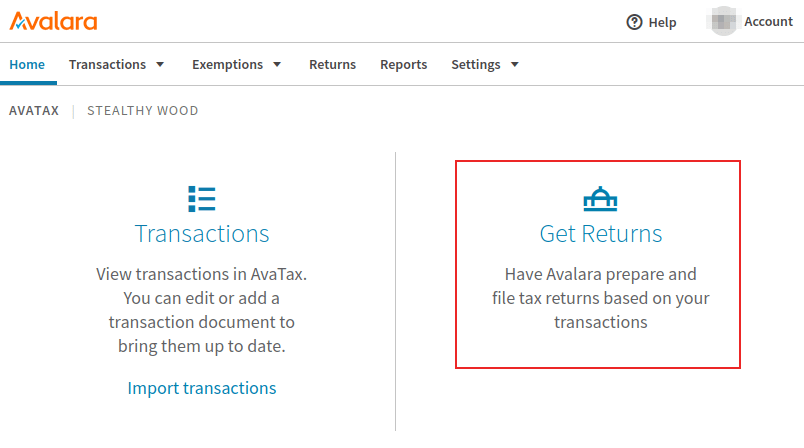 Avalara portal with the returns shortcut highlighted.