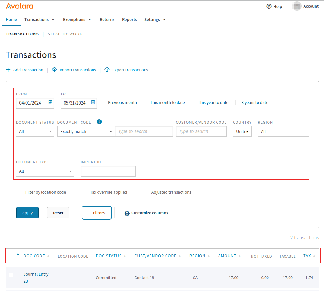 Avalara 门户网站上的交易页面，突出显示筛选和排序选项。