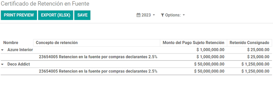 Odoo 會計中的 Certificado de Retención en Fuente 報告。