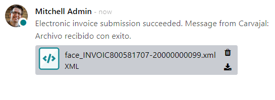 Odoo 聊天視窗中的 Carvajal XML 發票檔案。