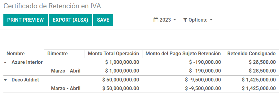 Odoo 會計中的 Certificado de Retención en IVA 報告。