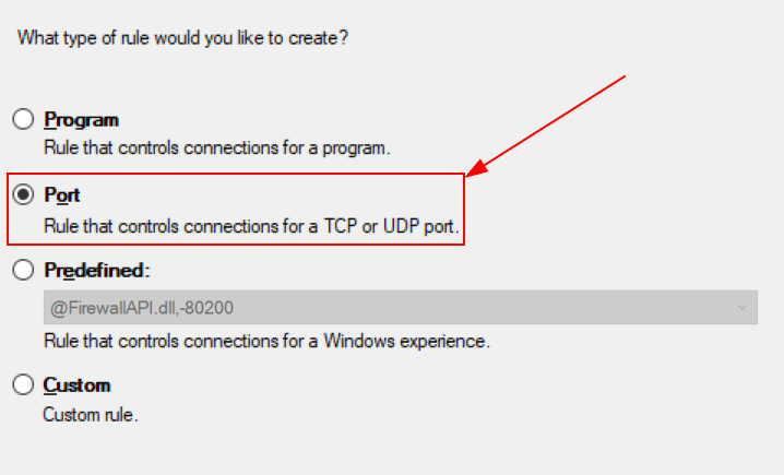 Rule Type window open, with the radio button next to port highlighted.