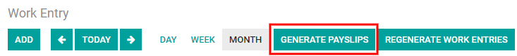 Generate Payslips button on the Work Entry dashboard.