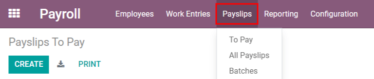 Payslips menu selection in Payroll.