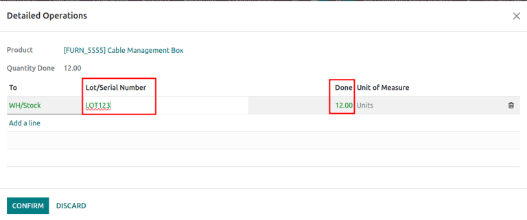 Assign lot number detailed operations popup.