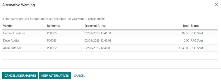 保留或取消弹出的备选 RFQ。