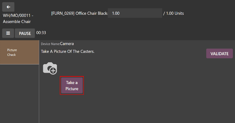 A Take a Picture check for a manufacturing work order.