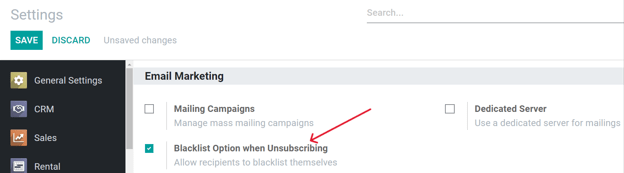 查看 Odoo 电子邮件营销应用程序设置页面中的黑名单功能。