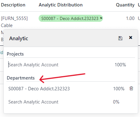 如何從 Odoo 的採購訂單中選擇分析分佈部門。