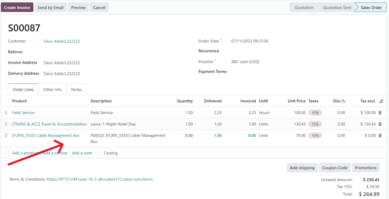 銷售訂單上，將透過 Odoo 銷售應用程式向客戶開立發票的採購訂單產品。