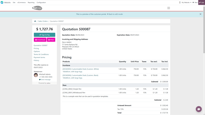 Odoo 銷售應用程式中，報價單範本的客戶預覽。