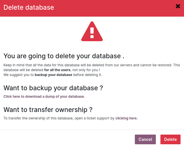 Het waarschuwingsbericht dat wordt weergegeven voordat een database wordt verwijderd