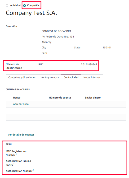 Company type operator configurations in the Contact form.