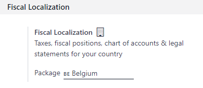 Select your country's fiscal localization package in Odoo Accounting.