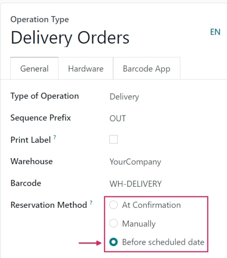 Reservation method field on delivery order operation type form.