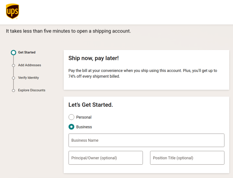 Display UPS form to fill out company shipping information.