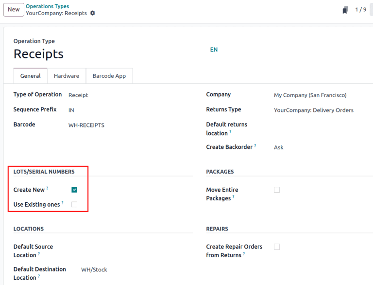 Enabled traceability setting on operations type form.