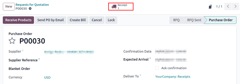 Show the purchase order and the Receipt smart button