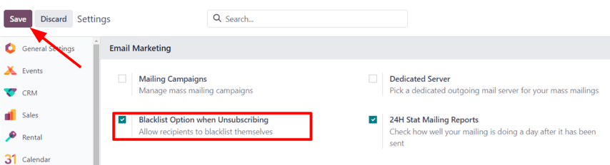 Weergave van de blacklist functie in de instellingenpagina van Odoo's E-mailmarketing app.