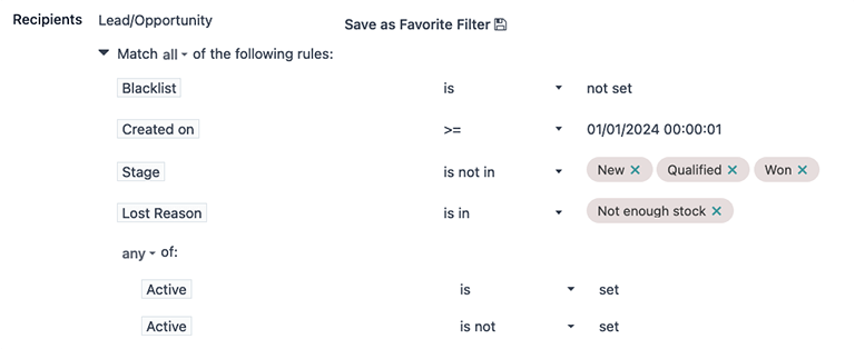 A lost leads reactivation filter list excluding lost reasons like Too Expensive.