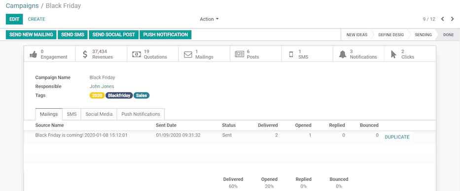 Voorbeeld van een campagnesjabloon in Odoo Social marketing.