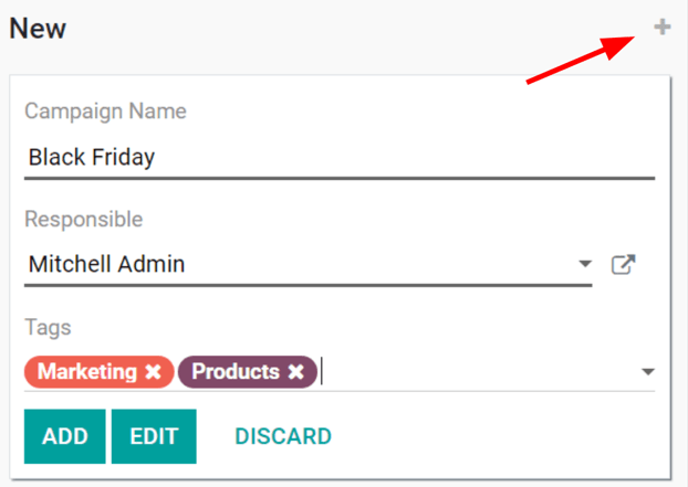 Weergave van de optie Snel toevoegen (plusteken) voor campagnes in Odoo Social marketing.