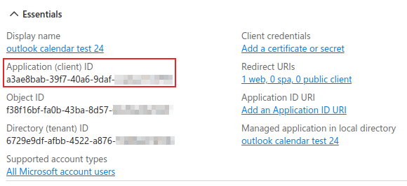 Client-ID van de toepassing gemarkeerd in het essentiële gedeelte van de nieuw aangemaakte applicatie.